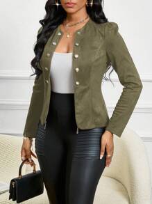 SHEIN Lady Four Season/ Attire/ Suede Black Button Detail Open Front Jacket In Fall/Winter - Army Green - View 5