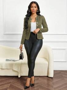 SHEIN Lady Four Season/ Attire/ Suede Black Button Detail Open Front Jacket In Fall/Winter - Army Green - View 6