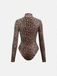 Flirla Women's Sexy Leopard Print Turtleneck Long Sleeve Bodysuit
