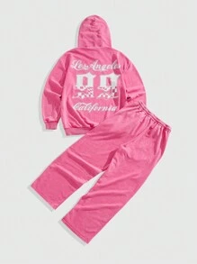 ROMWE MEN Street Life Men's Hooded Sweatshirt And Drawstring Pants Tracksuit, Simple Casual Daily Wear - Pink - View 2