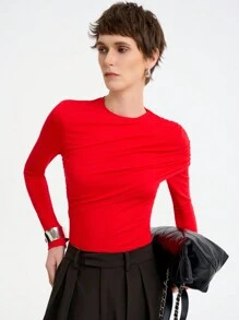 SHEIN LUNE Women's Plain Knitted Crew Neck Ruched Design Long Sleeve T-Shirt, Autumn/Winter, Chic For New Year Clothes - Red - View 1