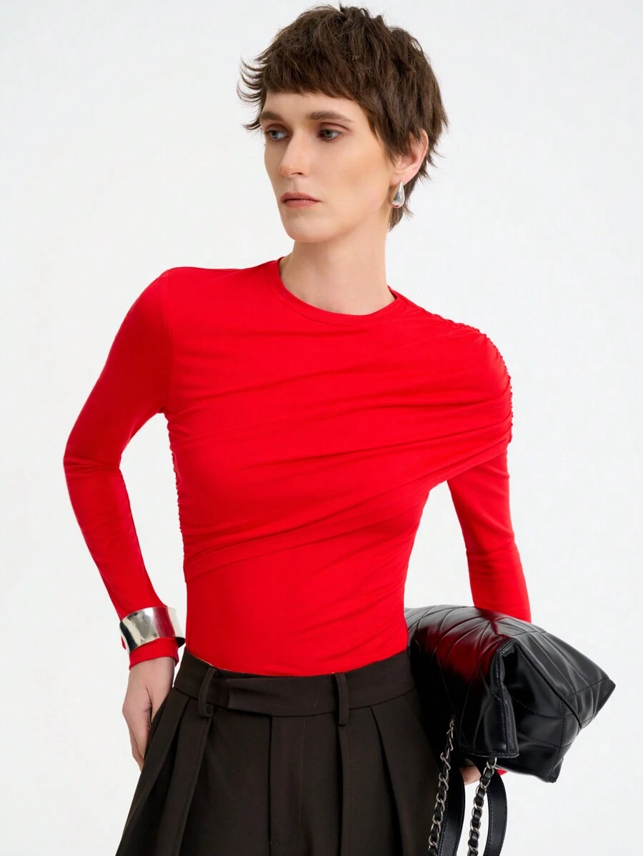SHEIN LUNE Women's Plain Knitted Crew Neck Ruched Design Long Sleeve T-Shirt, Autumn/Winter, Chic For New Year Clothes - Red - View 1