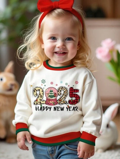 SHEIN Happy New Year 2025 Numeric, Leopard, Plaid, Snowflake Print Baby Girl Cute Casual Loose Crew Neck Soft Knit Sweatshirt