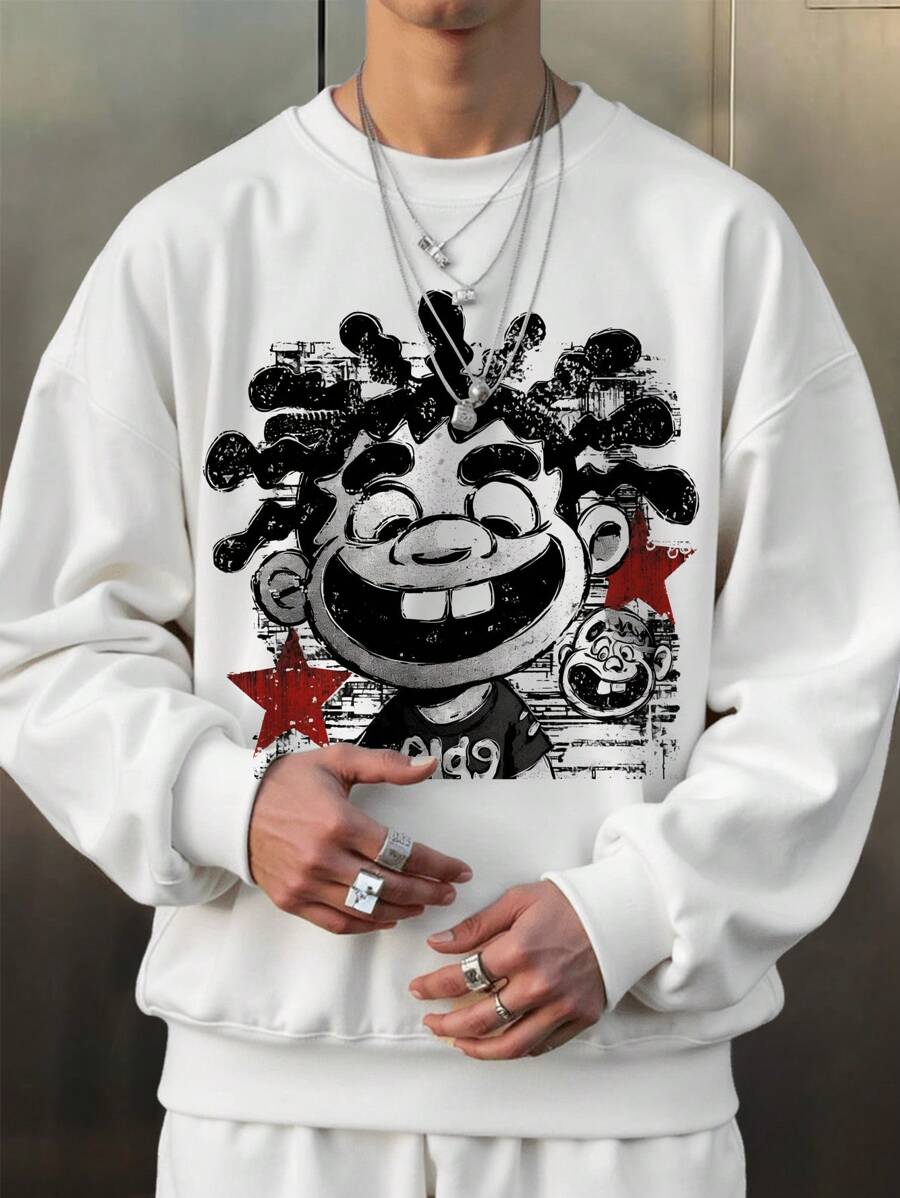 Claim Dot 男士卡通人物印花圆领长袖休闲套头衫，秋冬白色图案运动衫，适合朋友、丈夫、男朋友的礼物 - 白色 - 查看 1