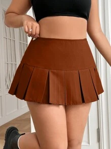 SHEIN EZwear 大尺碼純色百褶極簡風裙，休閒日常穿著 - 棕色 - 查看 4
