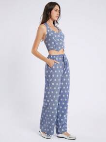 Comfortcana Women's Blue & White Plaid Daisy Embroidered Print Halter Tank Top And Relaxed Casual Pants Set In Fall/Winter