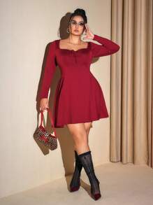SHEIN ICON Plus Size Women Square Neck Waist A-Line Dress, Party Outfit, Angora Red, New Year Party Dress - Burgundy - View 6