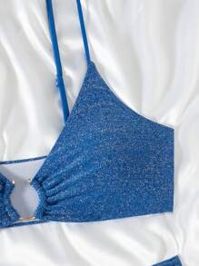 SHEIN Swim Conjunto de bikini elegante con tirantes finos y acabado brillante para mujeres, ideal para el verano