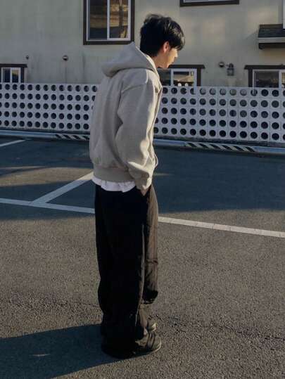 DAZY 男士抽象爱心印花拉链灰色连帽衫，秋季卫衣，Y2K