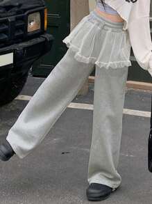 DAZY 女士蕾丝拼布前系带腰部休闲运动裤