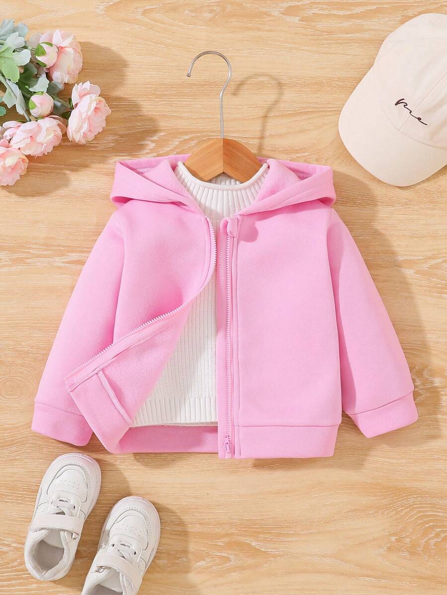SHEIN Vintaside Kids 1件女嬰休閒可愛純色抓絨連帽拉鍊夾克,適合秋冬,粉紅色 - 粉色 - 查看 1