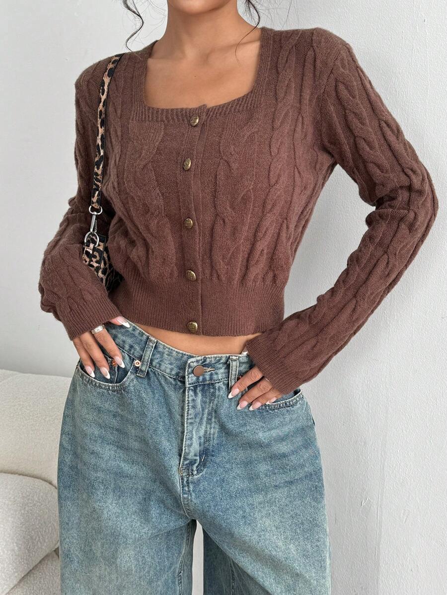Flirla Versatile Vintage Style Button Decorative Square Collar Short Fitted Textured Long Sleeve Cardigan Fall Cloth For Women