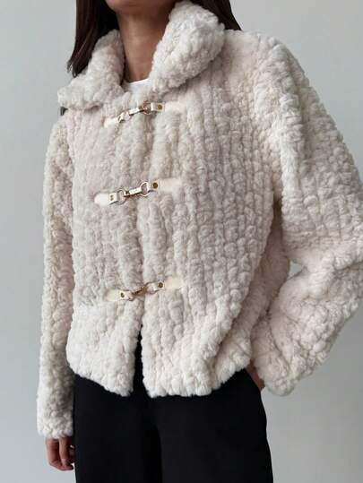 Aloruh 新品上市 甜美短款人造毛领前按扣休闲纯色长袖夹克