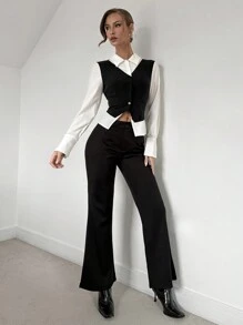 Chiquease Women's Solid Color Front Button Casual Pants, Minimalist Design For Everyday Wear - Black - View 4