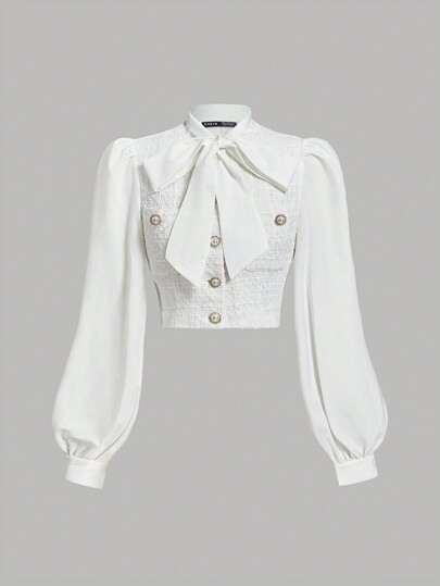 SHEIN MOD Vintage Cute Tweed Ladies Blouse, White, Business/Commute Attire, Old Money Style