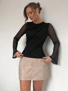 Chiquease Autumn Fashion Mesh Contrast Ruffle Hem T-Shirt Fall Cloth For Women - Black - View 5