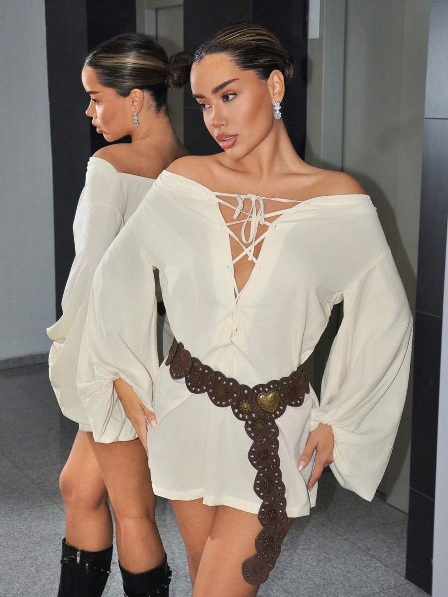 SHEIN ICON 女式露肩前系带喇叭长袖休闲 Y2K 露肩波西米亚风短款 A 字连衣裙 - 彩色 - 查看 1