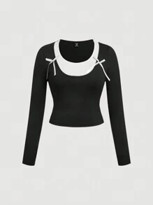 SHEIN MOD Plus Size Cute Black & White Patchwork Bow Decor Long Sleeve T-Shirt, Everyday Wear - Black and White - View 1