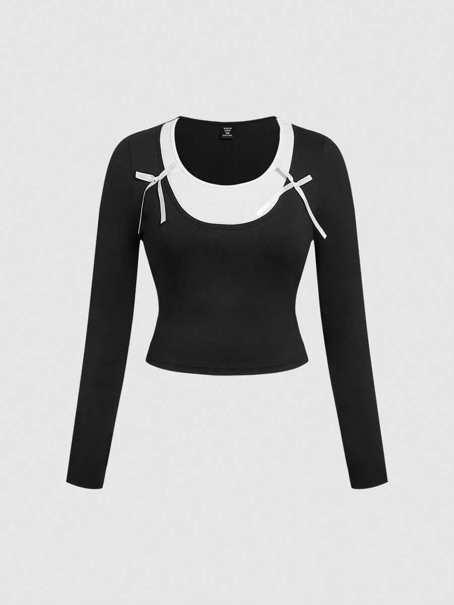 SHEIN MOD Plus Size Cute Black & White Patchwork Bow Decor Long Sleeve T-Shirt, Everyday Wear - Black and White - View 1