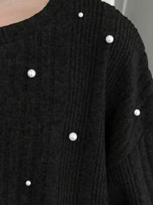 SHEIN Leap Crew Áo thun dài tay ấm áp cổ tròn dệt kim có gân lông thú cho bé gái tuổi mới lớn - màu đen - Xem 6