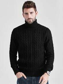 Manfinity Homme Men's Casual Plain High Neck Sweater For Autumn/Winter, Men Turtleneck Sweater, Black Turtleneck Men, Men Knitwear, Black Sweater Men, Men Sweaters - Black - View 1