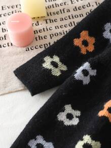 SHEIN 6-9M Baby Girls Warm Floral Pattern Ruffle Hemline Knitted Dress, Winter - Black - View 5