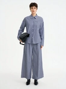 SHEIN LUNE Set de 2 piezas de camisa de manga larga a rayas y pantalón de pierna ancha informal para mujer - Azul y blanco - Ver 1