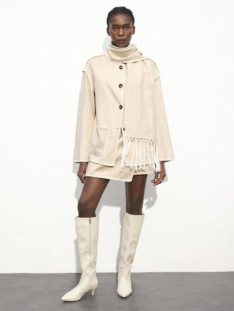 SHEIN Maija Women's Casual Apricot Buttoned Overlay Skirt, Versatile For Autumn/Winter