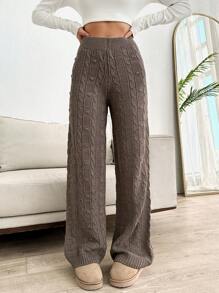 SHEIN PETITE Solid Cable Knit Wide Leg Sweater Pants For Autumn & Winter - Apricot - View 3