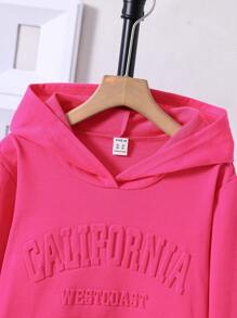 SHEIN Tween Girl Letter Embossed Kangaroo Pocket Hoodie - Hot Pink - View 4