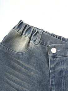 SHEIN Mono negro ajustado y jeans casuales de pierna ancha con cintura asimétrica suelta, diseño versátil de moda para uso diario para adolescentes chicas