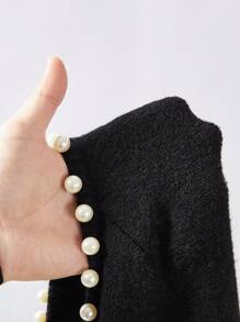 Seusyu Women's Casual Pearl Decorated Cardigan, Autumn/Winter - Black - View 6