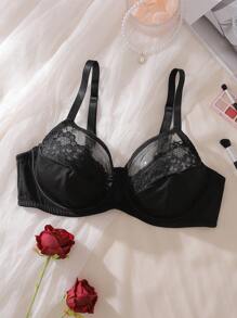 Seduluxe Soutien-gorge grande taille en dentelle et mesh contrastés, confort de soutien et d'enveloppement, sans fil