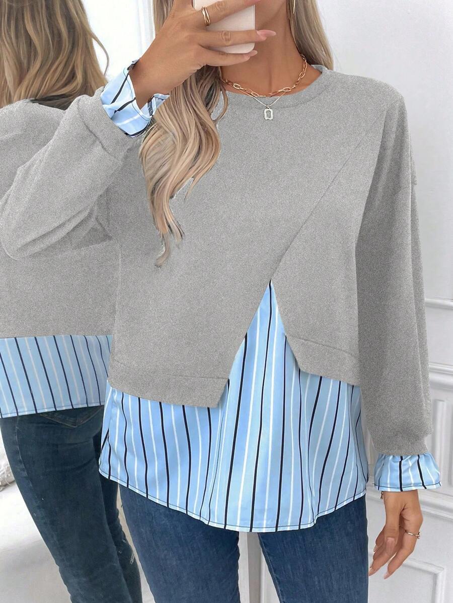 SHEIN LUNE Women's Striped Patchwork Long Sleeve Casual Sweatshirt