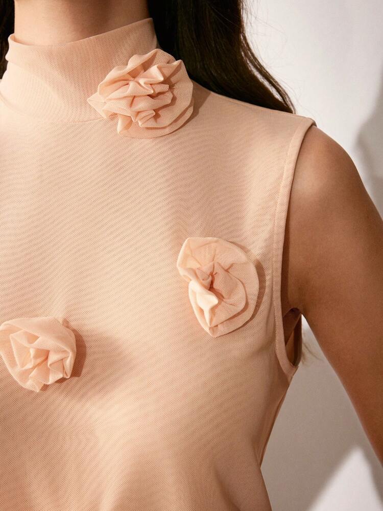 Women's Apricot Mesh Three-Dimensional Flower Tank Top