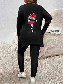 加大码圣诞酒杯印花针织 2 件套 - 黑色 - 查看 2