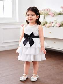 SHEIN Fern Glow  Baby Girl Elegant Cute White Organza Bow Decor Sleeveless Layered Cake Dress, For Christmas - White - View 5