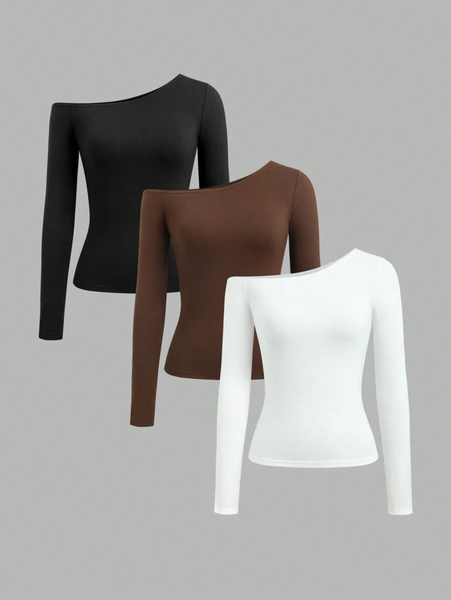 SHEIN Unity 女士休闲纯色不对称领修身长袖 T 恤，秋季 - 彩色 - 查看 1