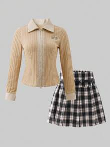 SHEIN 2pcs/Set Teen Girls' Casual Stylish Contrast Color Zip-Up Cardigan With Plaid Mini Skirt, Includes Belt, Suitable For Casual Outgoing Wear In Autumn - Apricot - View 1