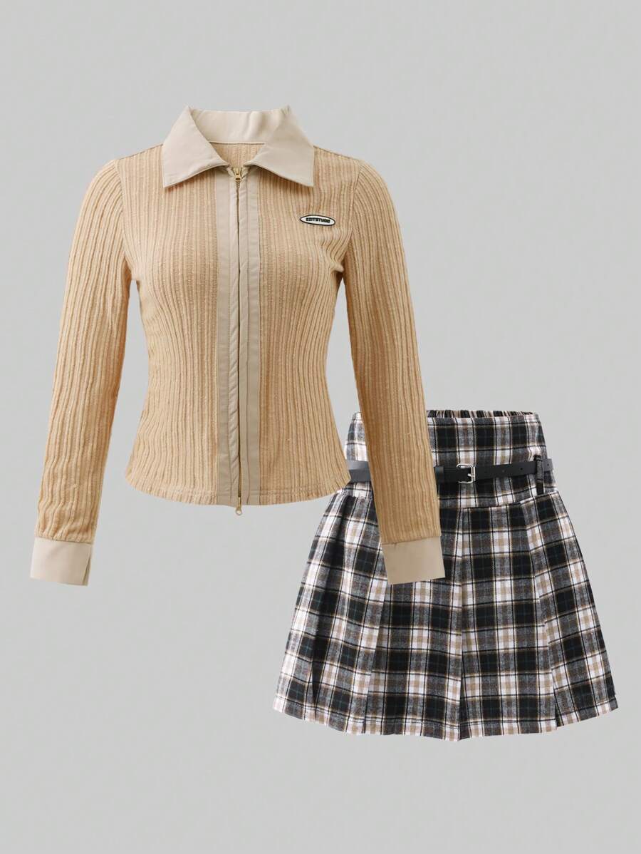 SHEIN 2pcs/Set Teen Girls' Casual Stylish Contrast Color Zip-Up Cardigan With Plaid Mini Skirt, Includes Belt, Suitable For Casual Outgoing Wear In Autumn - Apricot - View 1