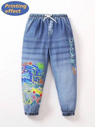 SHEIN Young Boy Casual Drawstring Waist Letter & Smiling Face Print Joggers Pants, Fashionable Spring Autumn Streetwear