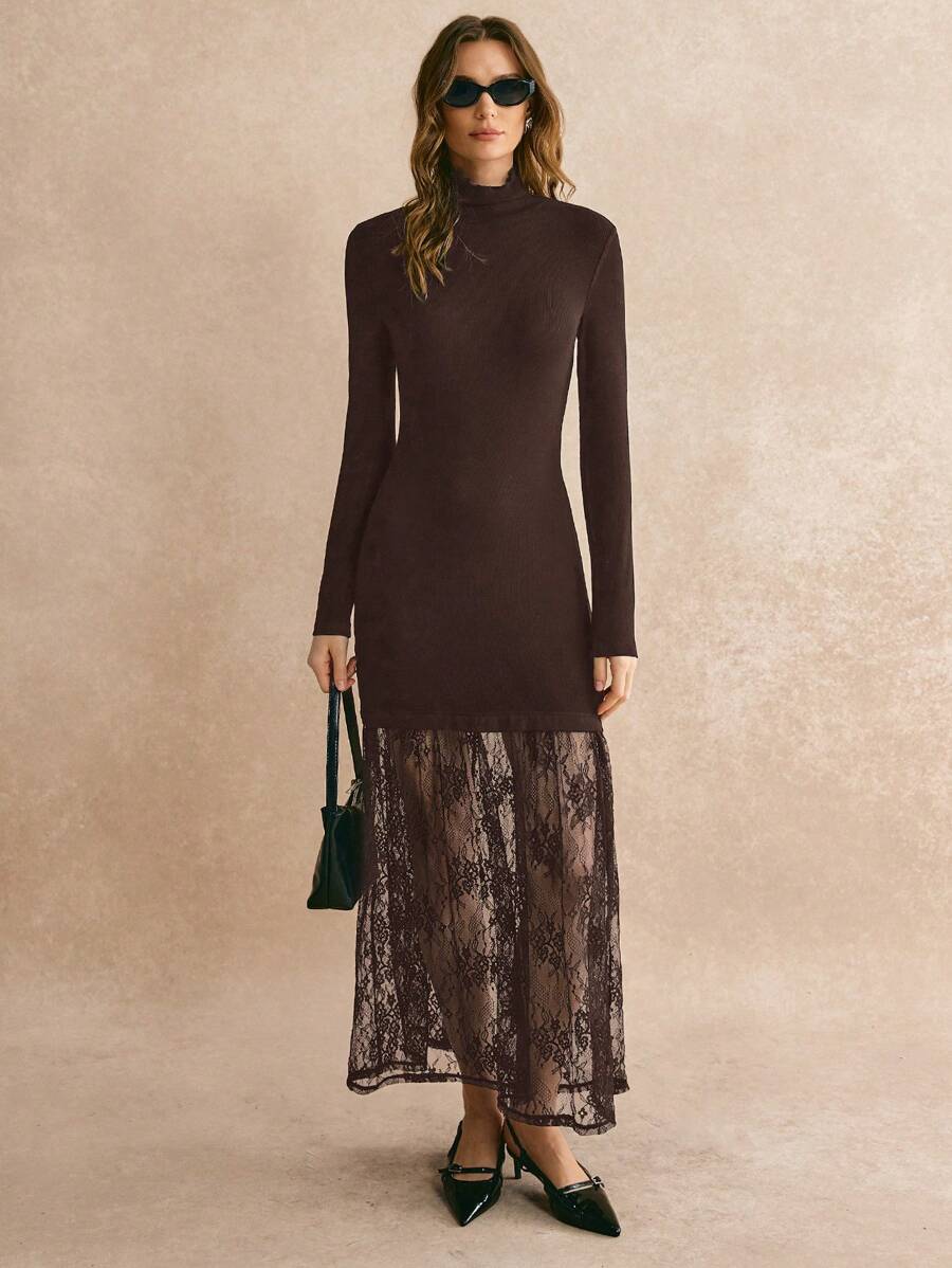Poéselle 女士纯色蕾丝拼接长袖立领休闲长裙 - 咖啡棕 - 查看 1