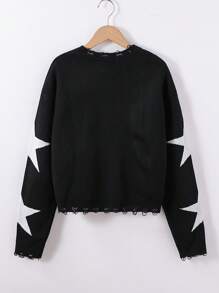 SHEIN Explorewe Teen Girl Star Jacquard Distressed Hem Cardigan Sweater, Suitable For Autumn/Winter - Black - View 2