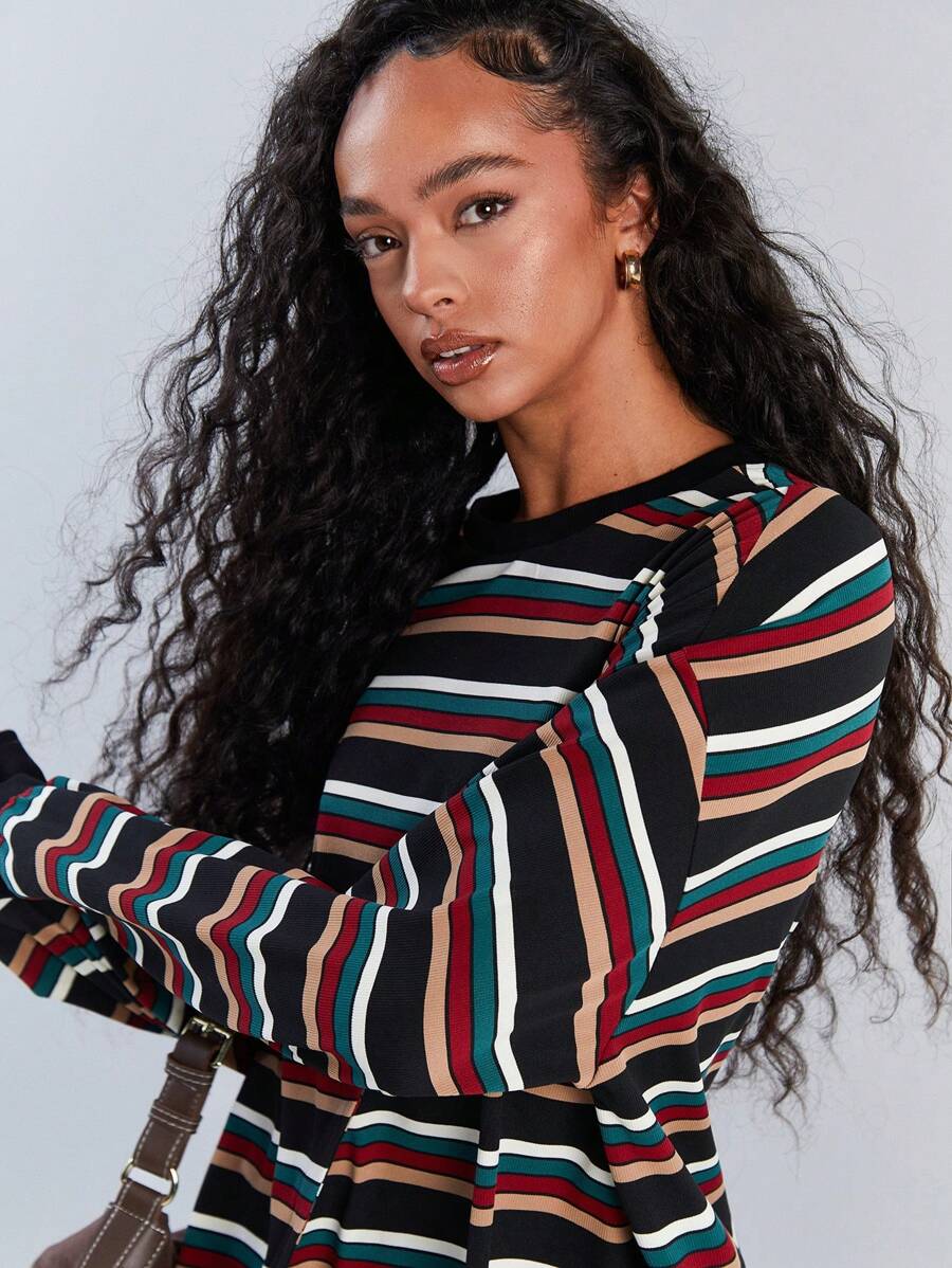 Athîral Women Casual Loose Fit Color Block Striped Print Drop Shoulder Long Sleeve T-Shirt, Spring/Autumn - Black - View 1