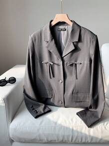 SHEIN EZwear 女士新款蝴蝶结装饰纯色翻领长袖休闲西装外套