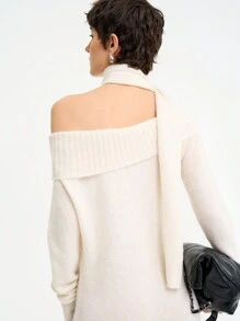 Aalyst Women Casual Asymmetric Collar Solid Color Knitted Sweater Dress, Autumn/Winter