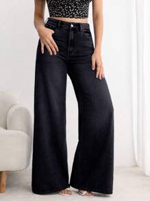 SHEIN Essnce Jeans anchos casuales sencillos con bolsillos y botones frontales para mujer