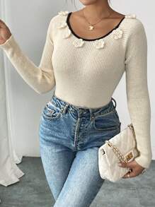 SHEIN Unity Suéter de mujer con cuello de barco, manga raglán y decoración de flor 3D, jersey de punto de otoño/invierno - Albaricoque - Ver 4