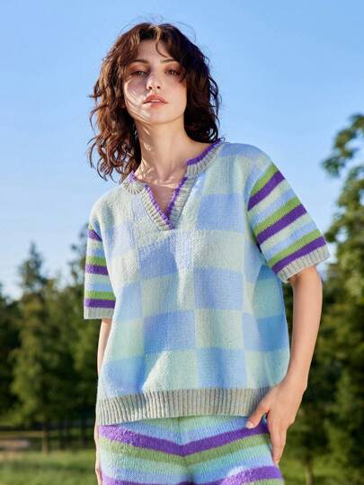 Skyraze Jersey de cuello en V de manga corta a cuadros para mujer, uso casual diario, con estampado geométrico