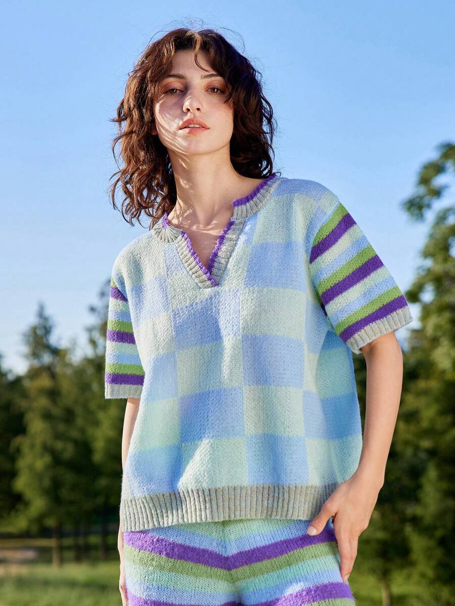 Skyraze Women's V-Neck Short Sleeve Plaid Sweater, Casual Everyday Wear,Geometric Pattern - Multicolor - View 1